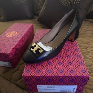 Tory Burch Black Leather Heels with Gold Accent